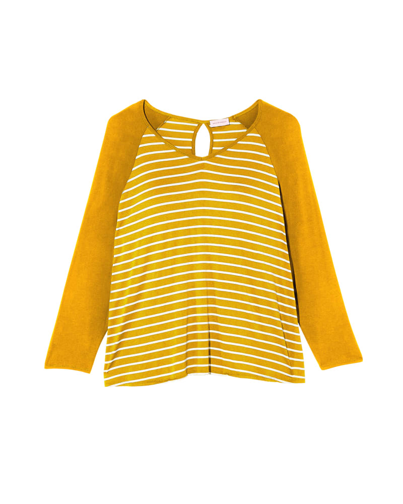 Front of plus size Tessie Long Sleeve Contrast Split Back Tee by Molly&Isadora | Dia&Co | dia_product_style_image_id:118802